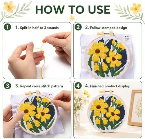 ZOIIWA 6PCS Flower Embroidery Kit for Beginners Adults Summer Cross Sewing Kits DIY Starter Hand Embroidery Kit with Needlepoint Patterns Hoop Threads Needles Instructions Craft Gift for Home Decor - Image 4