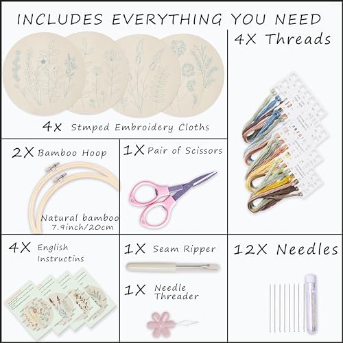 Bonroy 4 Sets Embroidery Kit for Beginners,Embroidery Kit for Art Craft Handy Sewing Include Embroidery Clothes with Pattern,Embroidery Hoops, Instructions,Color Threads Needle Kit (Multi 5) - Image 3