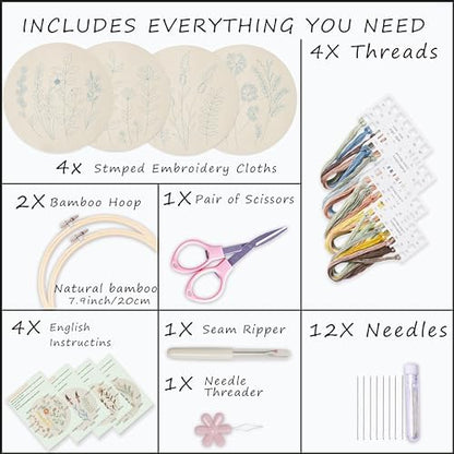 Bonroy 4 Sets Embroidery Kit for Beginners,Embroidery Kit for Art Craft Handy Sewing Include Embroidery Clothes with Pattern,Embroidery Hoops, Instructions,Color Threads Needle Kit (Multi 5) - Image 3