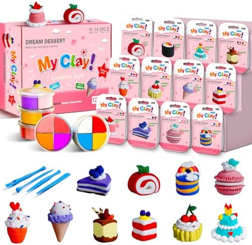 Kids Clay Air Dry Clay for Kids - Air Drying Modeling & Sculpting Kit,DIY 12 Box Food Dessert Cake Theme Arts & Crafts Clay Set,Ultra Soft Non-Sticky Bulk Party Favors & Party Crafts for Girls & Boys by HTPREC