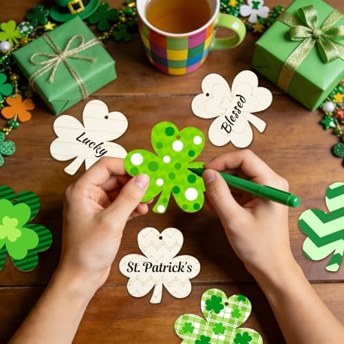 80PCS Wooden Shamrock Ornaments to Paint St. Patrick's Day Decorations, 8 Styles DIY Blank Unfinished Wood Shamrock Cutouts Ornament for Tree Home Crafts Hanging Gifts Indoor Spring Farmhouse - Image 5