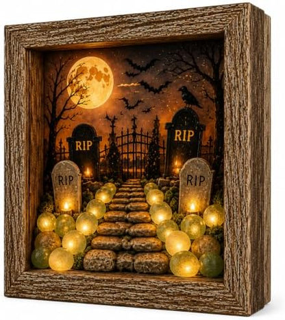 DIY Halloween Shadow Box Night Light Kit, 8.5 Inch Wooden Frame LED Craft Set with Luminous Stones & Acrylic Panels, Create Your Own Spooky Ghost & Pumpkin Scene, Fall Autumn Tabletop Home Decor by Unknown