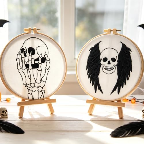 Skull Halloween Embroidery Kits for Beginners Adults, Gothic Embroidery Sets Needlepoint Kits, Halloween Stamped Cross Stitch Kits for Beginners Adults, 2 Embroidery Hoops (Attached Video Tutorial) - Image 5