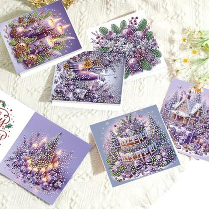 jinglinhh 6pcs Diamond Art Painting Purple Christmas House Candle Ornaments Greeting Cards with Envelopes, DIY Card Making Kits for Adults, Diamond Art Postcards Christmas Cards Craft Gifts - Image 7