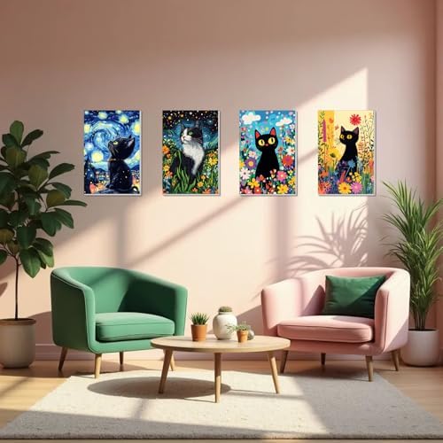4 Pack Framed Paint by Numbers Kit for Adults Beginner Canvas Painting by Numbers for Adults Black Cat Easy Adult Paint by Number Kits with Frame Starry Night Watercolor Painting by Number 8x12 Inch - Image 6