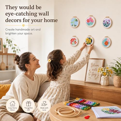 ZOIIWA 6PCS Flower Embroidery Kit for Beginners Adults Summer Cross Sewing Kits DIY Starter Hand Embroidery Kit with Needlepoint Patterns Hoop Threads Needles Instructions Craft Gift for Home Decor - Image 6