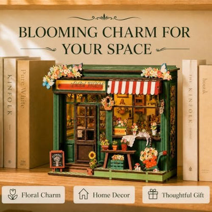 Book Nook Kit - DIY Miniature House Kit with LED Light, Flower Shop Wooden Bookshelf Decor, 3D Puzzles for Adults, Home Office Shelf Decoration, Creative Gift for Women, Book Lovers - Image 6