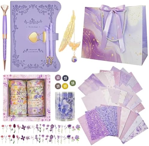 Diy Junk Journal Kit, Scrapbook Supplies Kit Includes B6 Diary with Lock and Key Flower Stickers Tape Roller, Stationary Diary Supplies Birthday Craft Gifts for Scrapbookers, Purple by WelcometoHokoad