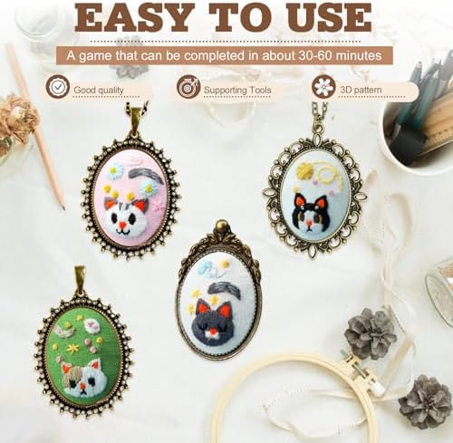 ZOCONE New 4 Packs Embroidery Necklace Kits, Embroidery Pendant Kit Mini Cross Stitch Kit with Hoop, Necklace, Pendant, Stamped Pattern Cloth, Instructions, etc., Embroidery Kits for Adults - Image 5