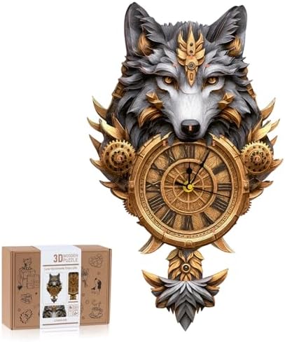 3D Wooden Puzzles for Adults Gray Wolf Design Clock Model Kit with Pendulum by RnfinewowWoodenPuzzles