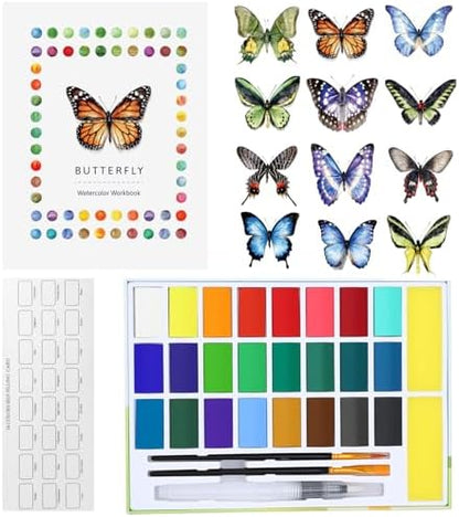 CraftyManor Watercolor Workbook for Beginners, 24 Colors Water Color Paint Set with Paints & Brushes, Creative Adult Coloring Book with 12 Patterns of Original DIY Designs (Butterfly) by CraftyManor