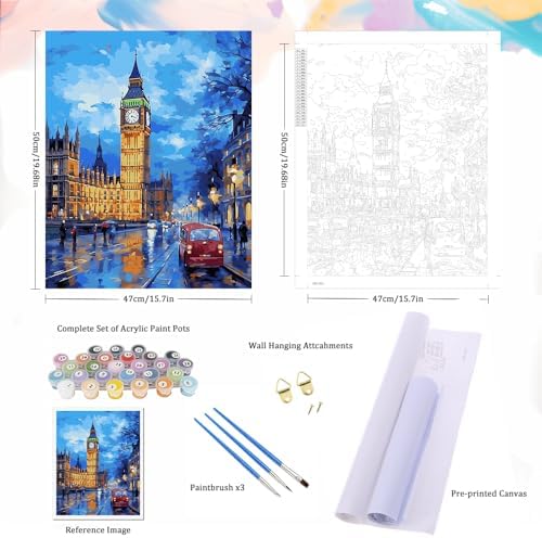 Natuyalo Big Ben Paint by Numbers Kit for Adults - London Cityscape Paint by Number on Canvas Without Frame, DIY Acrylic Painting for Ideal Gift Home Wall Decor (16x20 Inch) - Image 5