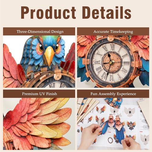 3D Puzzles for Adults, Parrot Wall Clock 3D Wooden Puzzles Clock Kits for DIY Birthday Gift for Women Men Home Decor Holiday Christmas - Image 3