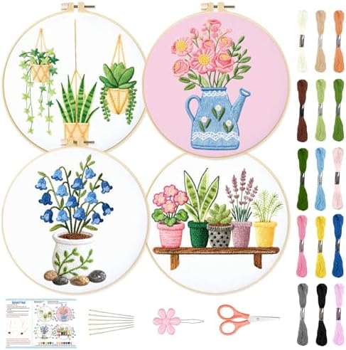 BEUNITONE 4 Set Embroidery Kit for Beginners, Vase Plants Cross Stitch Kits, Needlepoint Kits for Adults with Instructions and Full Kit, Creative Hand Embroidery Patterns for Cloth and Home Decor by BEUNITONE