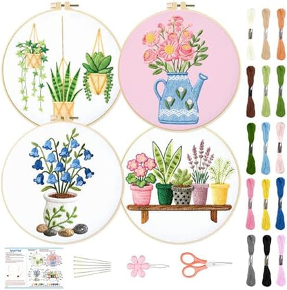 BEUNITONE 4 Set Embroidery Kit for Beginners, Vase Plants Cross Stitch Kits, Needlepoint Kits for Adults with Instructions and Full Kit, Creative Hand Embroidery Patterns for Cloth and Home Decor by BEUNITONE