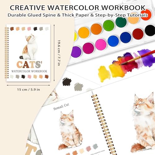 Easy Cat Watercolor Workbook for Beginners, Water Coloring Book, 18 Colors Watercolor Paint Set, 12 Patterns Watercolor Kit, Relaxing DIY Gift for Cat Lovers, Adults and Women Teen - Image 2