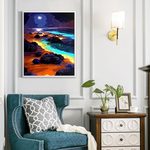 Yunnuo Paint by Numbers Kit for Adults, Seaside Night Scene Adult Paint by Number Kits on Canvas, DIY Beach Number Painting for Wall Decoration Festival Gifts 16"x20"(Glowing Sea Water& Moon) - Image 3