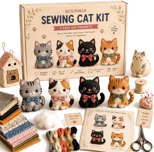 PandaXun DIY Fabric Cats Craft Kit – Creative Handmade Art, Stitch Your Own Whimsical World Patchwork Sewing Set 3D Cute Animal for Making Ornament Adults Beginners, Gift Holidays Keychain by PandaXun