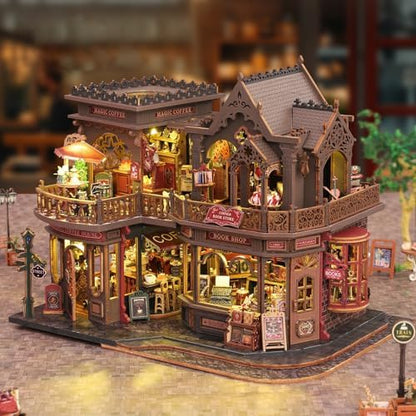 CUTEROOM DIY Miniature House Kit, Wooden Dollhouse Kit with LED Magic Tiny House Kits for Women Adult Gifts for Christmas Birthday (Book Coffee Shop) - Image 3