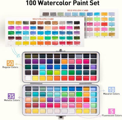 100 Colors Watercolor Paint Set, Travel Water Colors Kit for Artists - Image 3