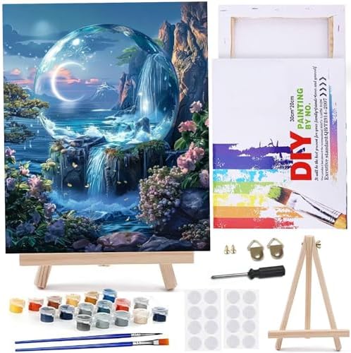 MaiMMaledy Paint by Numbers Kit for Adults Beginners Canvas Pictures with Framed Drawing Painting Acrylic Pigment with Wooden Triangle Easel Waterfall Night View 8Wx12L inch by MaiMMaledy