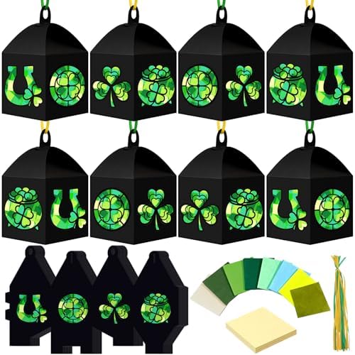 Maitys 16 Sets St Patricks Day Paper Lantern Craft Kit for Adults, Fun Irish Clover Horseshoe DIY Lanterns with Tissue Paper Glue Shamrock Lucky Handcrafts for Home Activities Ornaments Decoration by Maitys