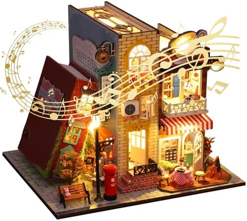DIY Miniature House Kit, Coffee Shop Miniature Dollhouse Kit, Cafe 3D Wooden Puzzles with LED Music Dustproof Covers, Dollhouse Handmade Craft Model, Bookshelf Decor Birthday Gift for Adults by Hallisun