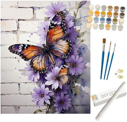 Butterfly Paint by Numbers Kit for Adults - DIY Monarch Butterflies and Purple Flowers Painting on Rolled Canvas 16x20 Inches, Acrylic Paint Set for Beginners, Art for Home Decoration or Gifts by Unknown
