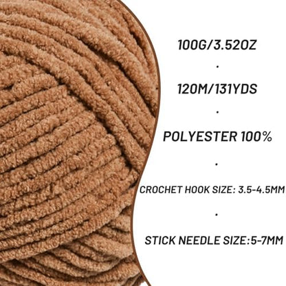 2 Pack Plush Chunky Chenille Yarn for Crocheting, Soft Fluffy Velvet Yarn for Crocheting Amigurumi, Fuzzy Baby Blanket Knitting 200g/262yds Bulky(2 Light Coffee) - Image 2