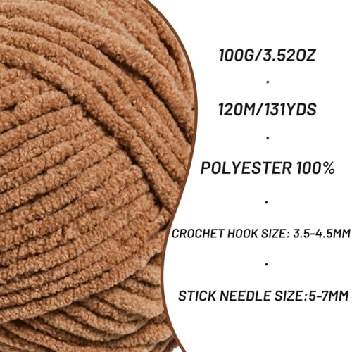 Plush Chunky Chenille Yarn for Crocheting, Soft Fluffy Velvet Yarn for Crocheting, Fuzzy Baby Blanket Knitting Yarns, 100g/131yds Bulky Amigurumi Yarns（Light Coffee） - Image 2
