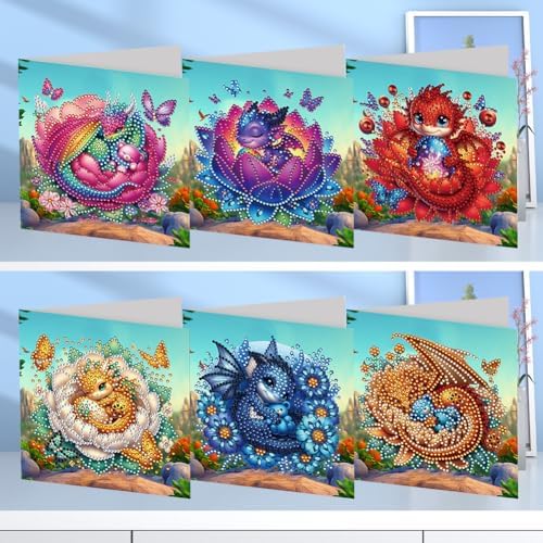 C'eitura 6Pcs Baby Dragon Shell Breaker Diamond Art Greeting Card Kit – DIY Rhinestone Painting Postcard Set for Christmas New Year Party Favors, 11.81 x5.9inch Fantasy Craft for Adults - Image 2