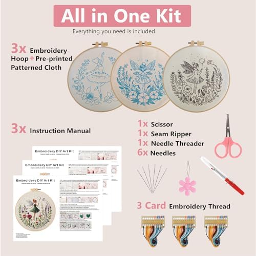Embroidery Kit for Adults, Pre-Stamped Pattern Embroidery Kit for Beginners, Needlepoint Starter Kit with Hoop Thread Needle Instruction, 7.9'' Hoop (Flower Fairy 3 Packs) - Image 3