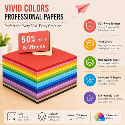 BUBU Origami Paper Kit 1000 Sheets 6x6 Colored Paper with Origami Book - Image 5