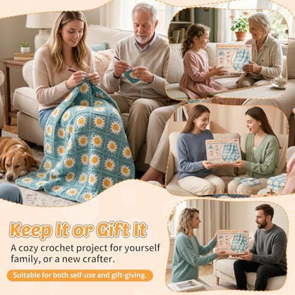 Fitsu Crochet Kit for Beginners, Daisy Granny Square Blanket Crochet Starter Kit with Yarn, Hooks, Step-by-Step Book & Video Tutorials, Easy Learn-to-Crochet Gift Set for Adults and Beginners - Image 6