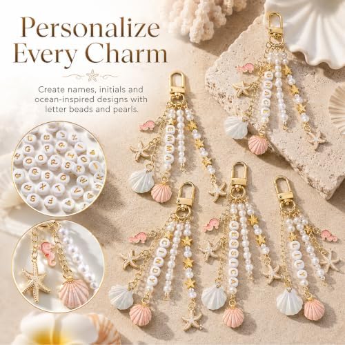 Mavsigak 776 Pcs DIY Keychain Making Kit, Seashell Key Chain Craft Set with Starfish Seahorse Pearl Letter Beads, Keychain Clips and DIY Accessories for Backpacks Purse Tote Bag Charm Kit - Image 4