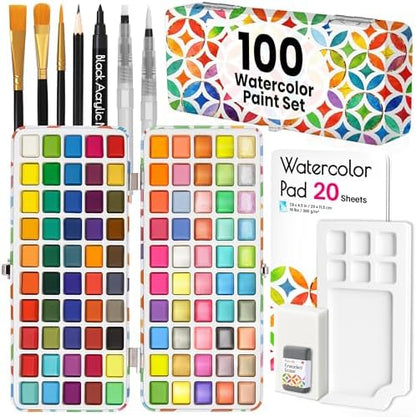 100 Watercolor Paint Set for Adults, Beginners - Travel Art Painting Kit by Funcils