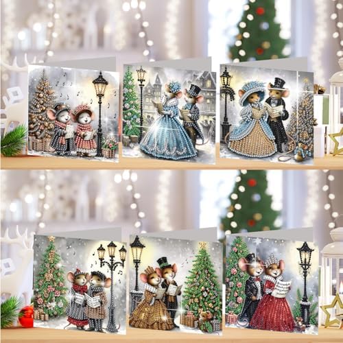 jinglinhh 6pcs Christmas Tree Mouse Couple Diamond Art Painting Greeting Cards with Envelopes, DIY Card Making Kits for Adults, Diamond Art Postcards Christmas Cards Craft Gifts - Image 4