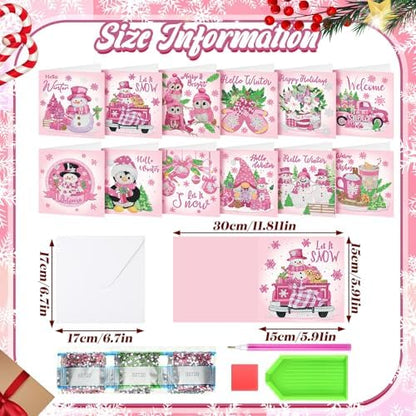 Saillong 12 Pack Pink Winter Diamond Painting Greeting Card Kits Winter Diamond Art Cards with Envelopes Snowman 5D Rhinestones Painting Making Kits for Adults DIY Craft Family Friend Holiday Gifts - Image 4