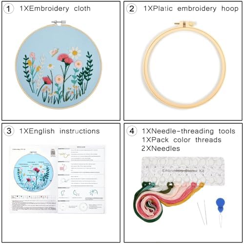 Flower Embroidery Kits for Beginners Adults, Hand DIY Embroidery Art Kits, Floral Stamped Cross Stitch Kits for Beginner Adults Craft Kits for Women, Entire Set of Embroidery Supplies & Video Tutorial - Image 6