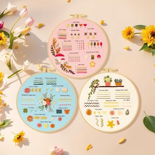 Ponpon 3 Sets Embroidery Kit for Beginners, Embroidery Kit for Adults with Follow Instruction, Cross Stitch Kits with Wooden Embroidery Hoops (Stlye B) - Image 5