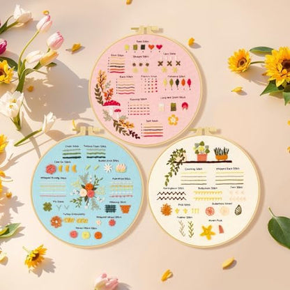 Ponpon 3 Sets Embroidery Kit for Beginners, Embroidery Kit for Adults with Follow Instruction, Cross Stitch Kits with Wooden Embroidery Hoops (Stlye B) - Image 5