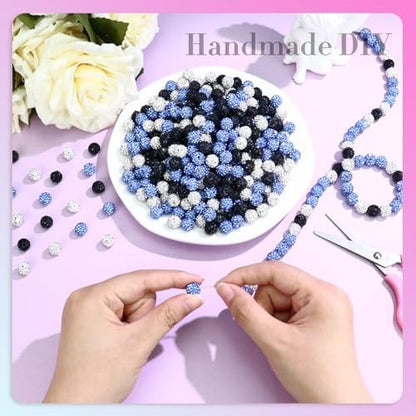 Dowarm 255PCS 10mm Rhinestone Beads for Baseball Rhinestone Necklace Bracelet Jewelry Making, Round Polymer Clay Beads for Crafts Beaded Pen, Shamballa Pave Diamond Bead, Ice Blue|White|Black - Image 4