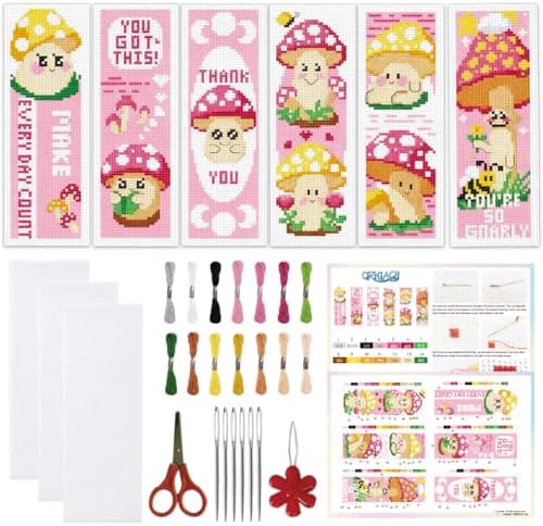 ORIGACH 6 Set Pink Mushroom Cross Stitch Bookmark Kit for Beginner by ORIGACH
