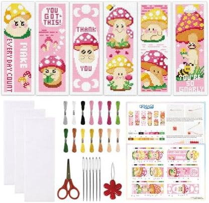 ORIGACH 6 Set Pink Mushroom Cross Stitch Bookmark Kit for Beginner by ORIGACH