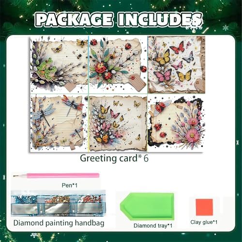 DIZAKIM 6-Piece Christmas-Themed Diamond Painting Greeting Cards Christmas Eve DIY Craft Kit Birthday Gift (Insects) - Image 3