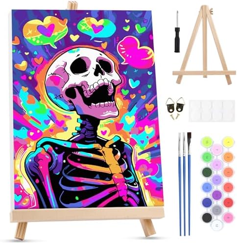 MXJSUA Rainbow Skeleton Framed Paint by Numbers Kit for Adults Beginner with Wooden Easel, Adults' Paint-by-Numbers on Canvas, Easy DIY Acrylic Number Painting for Home Decor Gifts, 8x12 inch by MXJSUA-DiamondPaintingkits