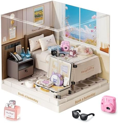 Cozy Hotel Room Miniature House Kit, Plastic DIY Dollhouse with Double Bed & Open Suitcase, Stackable Transparent Dust Cover, Creative Desktop Decor for Adults Teens by BeepZipp