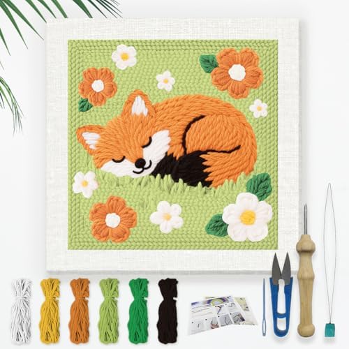 Doodlream Sleeping Fox DIY Punch Needle Embroidery Kit for Adult Beginner, 9.4" Cute Fox Punch Stitching Craft Set for Starter with Frame, Fabric Pattern, Threader, Yarn, Pinch Needle by Doodlream