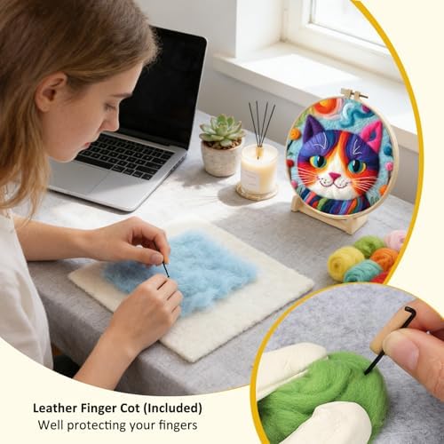 Zovylks Needle Felting Kit for Adults, 7.9 Inch Wool Felt Painting DIY Craft Set for Beginners, Needle Felt Starter Kit with Picture Frame, Foam Pad, Finger Cot (Purple Cat) - Image 5