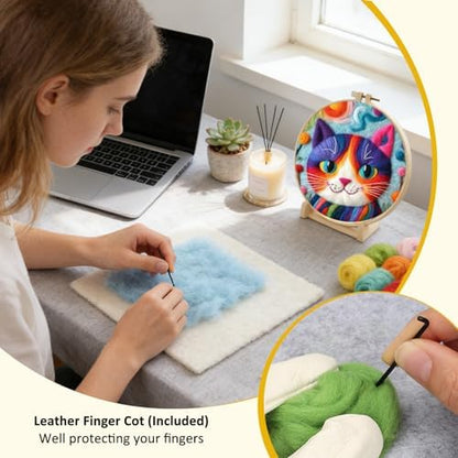 Zovylks Needle Felting Kit for Adults, 7.9 Inch Wool Felt Painting DIY Craft Set for Beginners, Needle Felt Starter Kit with Picture Frame, Foam Pad, Finger Cot (Purple Cat) - Image 5